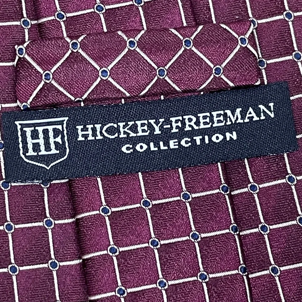 Hickey Freeman Men's Silk Tie Maroon‎ Silver Blue Geometric Hand Tailored USA